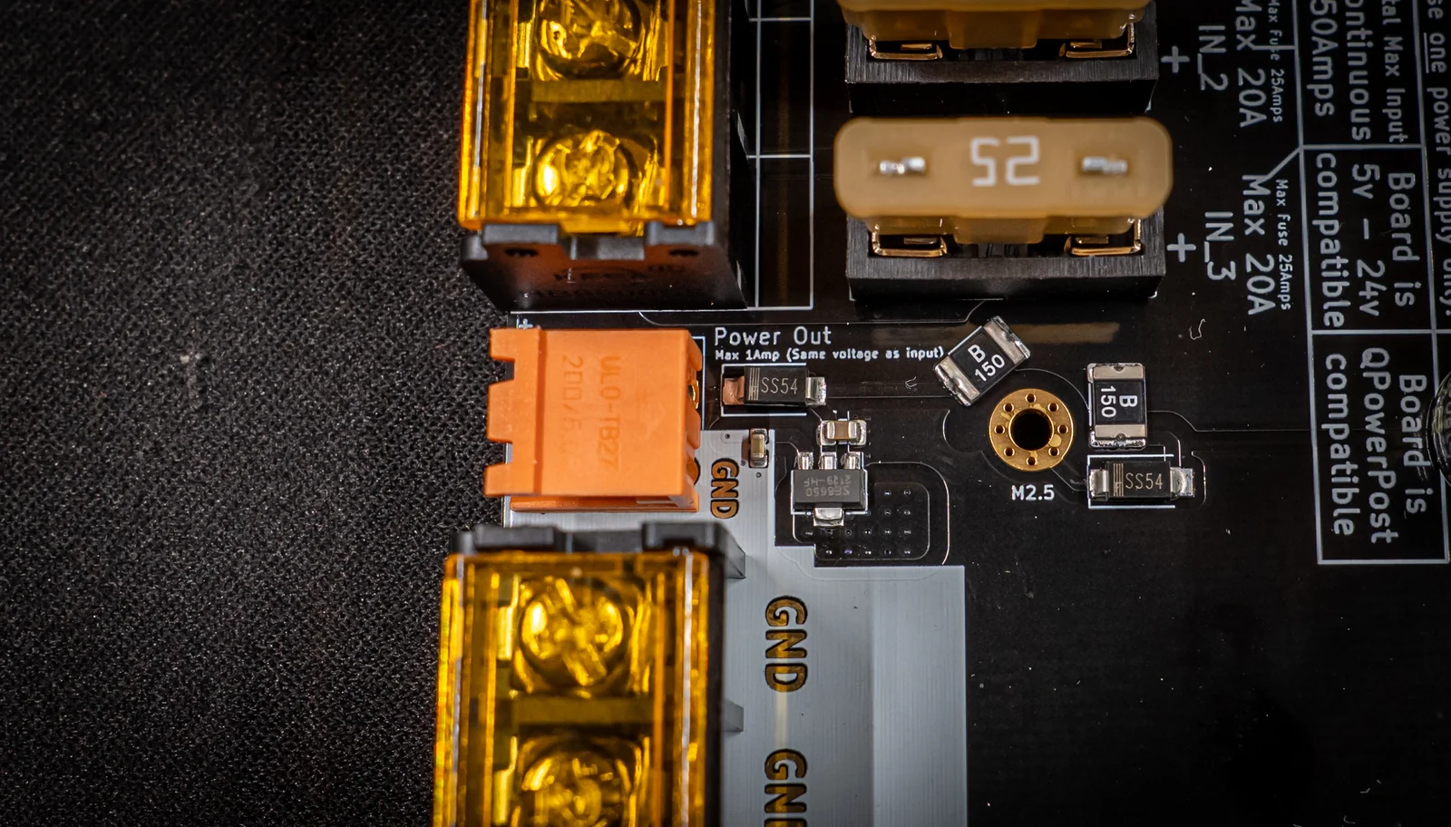 Macro of a gold input fuse beside rows of red and tan automotive blade fuses on a Dig-Octa powerboard