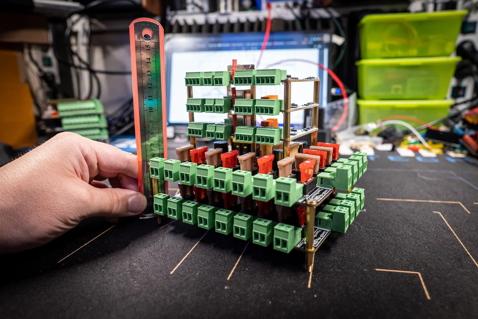 A hand lowering a white brainboard onto brass standoffs of a tall Dig-Octa stack