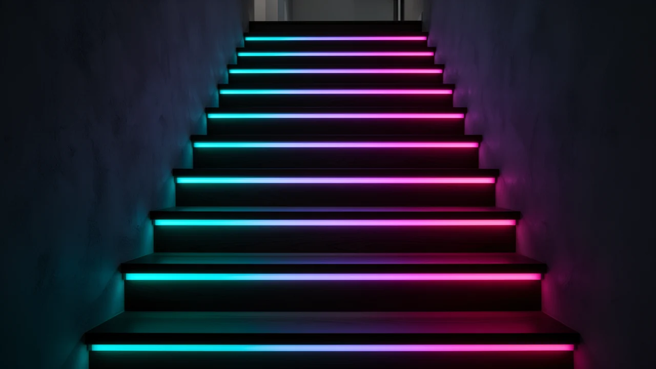 Modern staircase at night with addressable COB LED strip under each tread, the light flowing from teal through violet to magenta along every single strip, completely dot-free