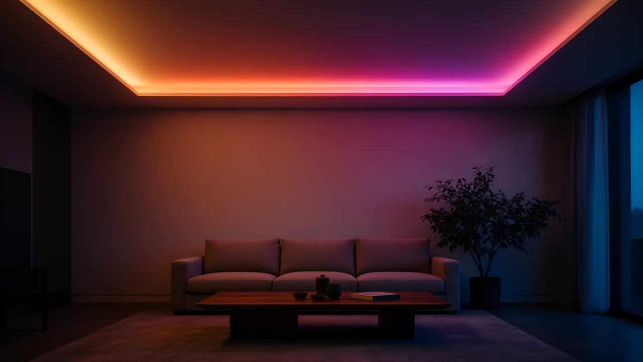 Living room at night with a ceiling cove lit by digitally addressable LED strip showing a smooth amber-to-magenta gradient along its length