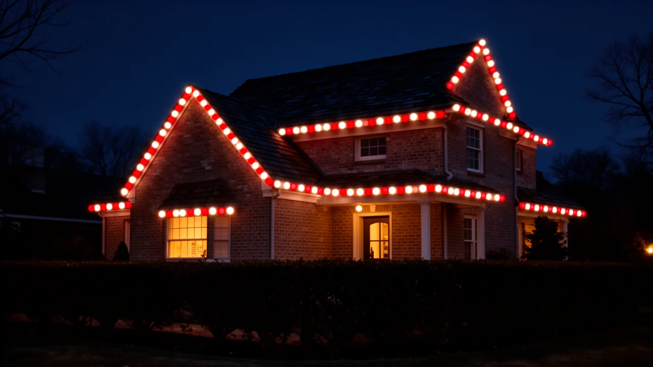 Brick house at night with individual bullet pixels tracing the roofline as crisp separate dots of warm white and red light