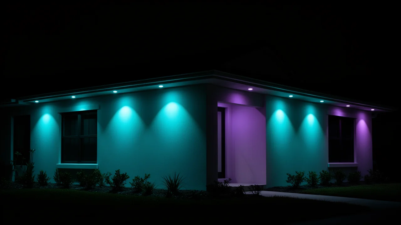 Modern stucco house at night with round puck lights under the eaves washing wide teal scallops of light down the facade