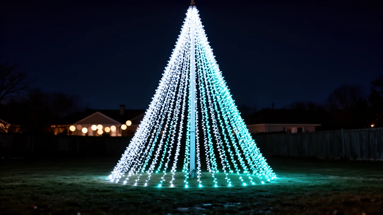 Glowing cone-shaped megatree of ice-white and cyan pixel strings in a dark backyard