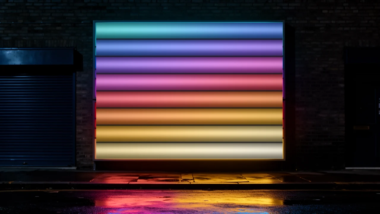 Display sign panel at night backlit by eight separate addressable LED strips, the color sweeping through a gradient along every bar